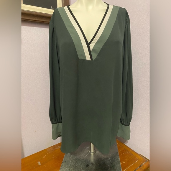 Express Tops - Express Dark Green V-Neck Blouse with Contrast Trim